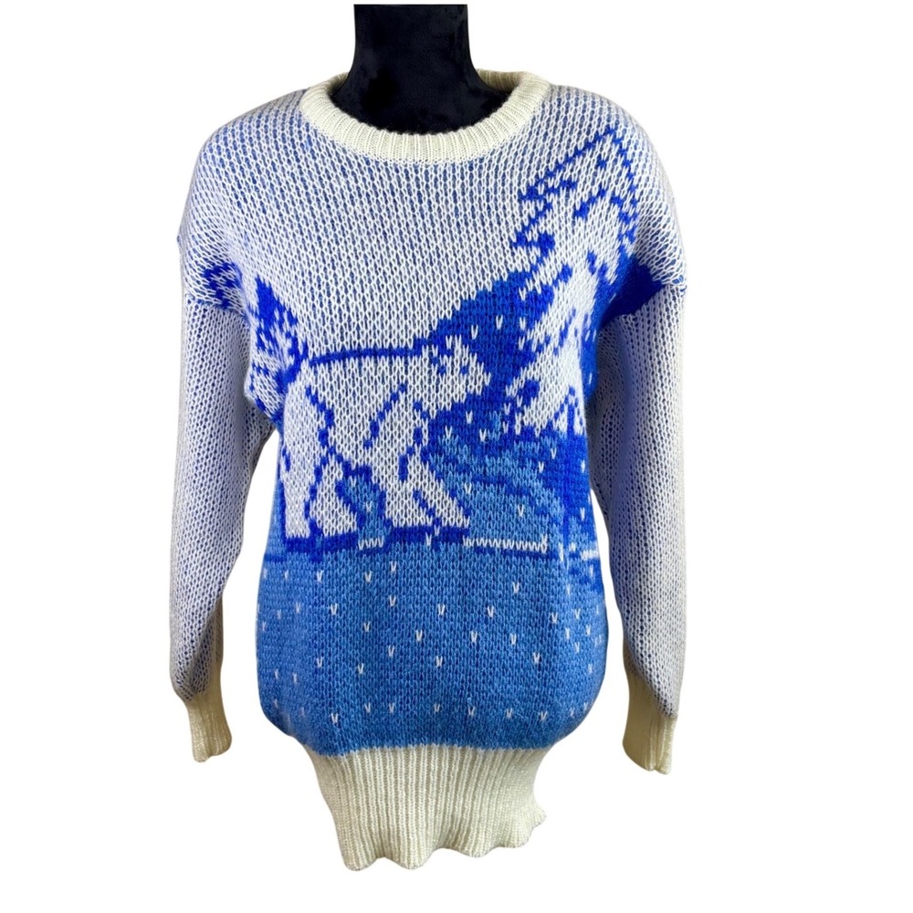 Vintage Together! Polar Bear Wolf Winter Knit Sweater Blue White Large 12/14